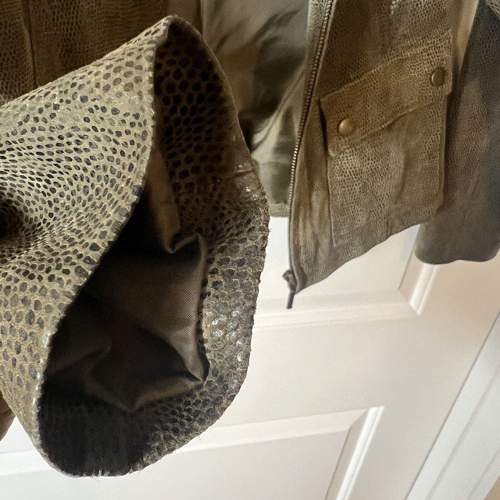 Alfani Genuine Leather Moto Jacket Snakeskin Olive Green Size Small - Picture 9 of 9
